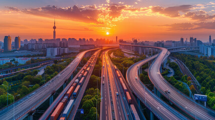 Fototapeta na wymiar Sunset casts warm hues over a complex highway interchange in a bustling cityscape.