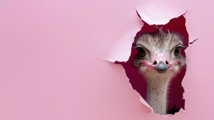 A dramatic ostrich face with detailed textures peeks through a pink paper tear, drawing attention