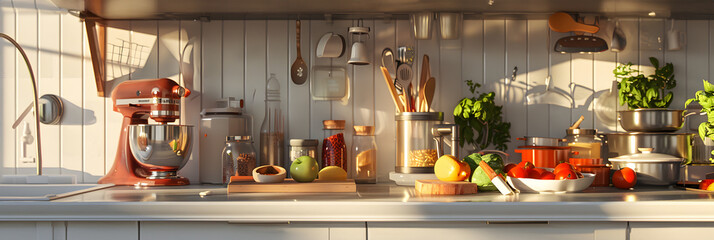  a kitchen counter full of food, cooking tools and appliances - obrazy, fototapety, plakaty