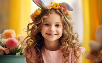 Portrait of a very cute pretty girl in a headdress of flowers and Easter bunny ears on a background of spring flowers. Blonde girl with wavy hair smiling on Easter day. Happy Easter