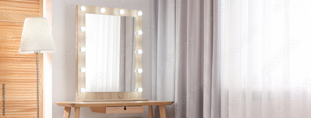 Sticker Makeup room. Dressing table with mirror and lamp indoors, space for text. Banner design