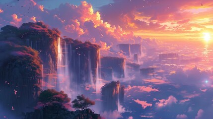 Enchanted Islands: Gravity-Defying Adventure in Anime World, generative ai - obrazy, fototapety, plakaty