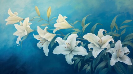Fototapeta na wymiar A cluster of delicate white lilies blooming elegantly against a serene blue backdrop.