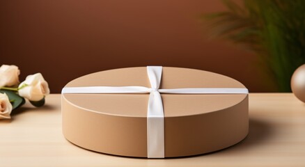 a round box with a white ribbon