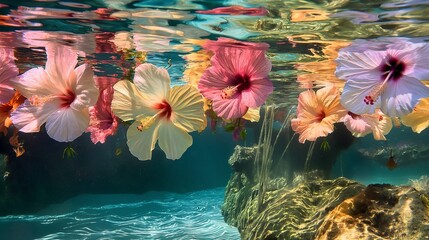 Fototapeta na wymiar A mesmerizing display of colorful hibiscus flowers reflected in the crystal-clear waters of a tropical lagoon.