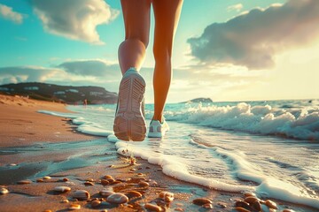 Embracing the Horizon A Woman’s Journey of Fitness and Freedom, Captured in the Midst of a Summer Beach Run at Sunset