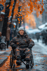 portrait of old elderly military veteran disabled man homeless in a invalid wheelchair on a walk in autumn - obrazy, fototapety, plakaty