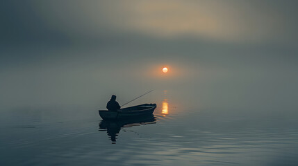 Fototapeta na wymiar Fisherman in small boat on the lake at sunrise