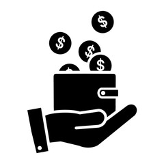 save money icon, wallet with coins in the hand, finance income, transfer, deposit or payment, price and cash back, cost refund, thin line symbol, flat line icon isolated on white