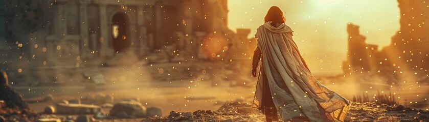 Fantasy Warrior, ancient ruins background, epic and heroic stance, realistic photography, Golden hour lighting, Lens Flare effect - obrazy, fototapety, plakaty