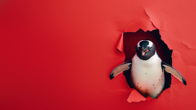 This image captures a penguin as it emerges from a tear in a red backdrop, suggesting adventure and excitement