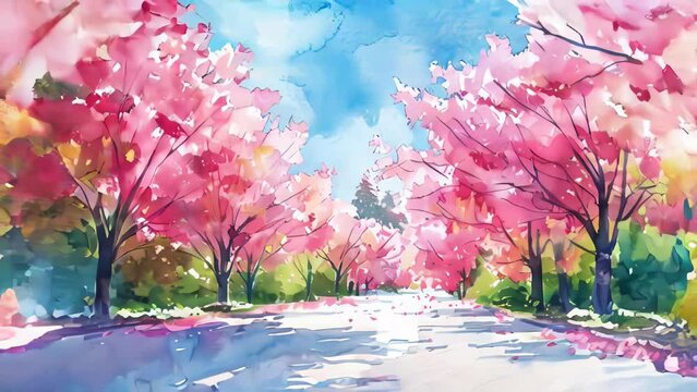 Watercolor illustration of a spring landscape with blooming trees and road