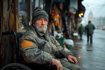 Fototapeta na wymiar portrait of old elderly disabled man homeless in a invalid wheelchair in the street in winter