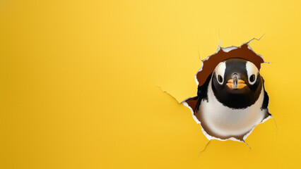 The expressive penguin makes a dramatic entrance through a hole in the yellow paper, symbolizing...
