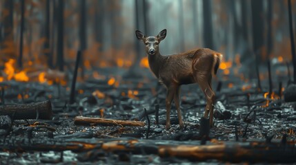 A deer in the burning forest