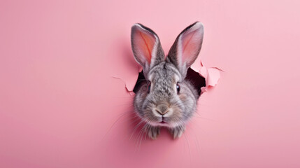 Cute easter bunny peeking through a hole in a pink paper wall with copy space, greetings card design