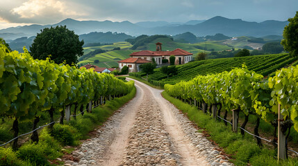 An Eastern European vineyard in summer with rows of lush vines a quaint farmhouse and rolling hills in the background. - obrazy, fototapety, plakaty