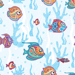 Seamless Pattern with Decorative fishes and Corals - 761661502