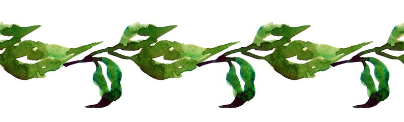 Watercolor seamless horizontal border from a green bush branch. Herbal and botanical ornament for design or tattoo