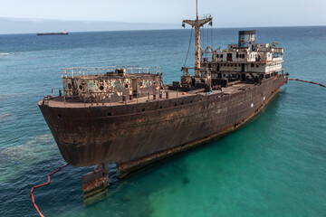 Aerial view of shipwreck Telamon, Lanzarote, Canary Islands, Spain.