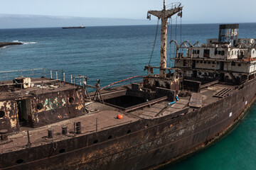 Aerial view of shipwreck Telamon, Lanzarote, Canary Islands, Spain.