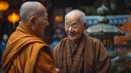 Buddhist monks in traditional clothes talking to each other outdoors with monastery on background.