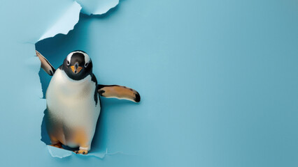 A playful penguin seems to dance as it breaks free from a blue paper background, creating a dynamic and fun image