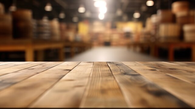 The empty wooden table top with blur background of a large warehouse. Exuberant image. generative AI