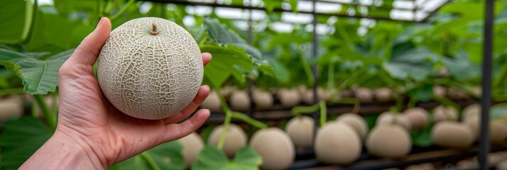 Hand holding honeydew melon with blurred background, copy space available for text placement - obrazy, fototapety, plakaty