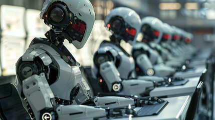 Fototapeta premium Row of Advanced Cybernetic Robots at Computer Workstations