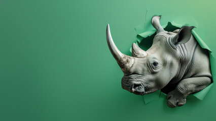 An impactful portrayal of a rhinoceros seemingly pushing through a bright green paper surface
