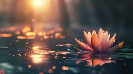 A solitary lotus flower unfurling its petals amidst the stillness of a shimmering lake. - obrazy, fototapety, plakaty