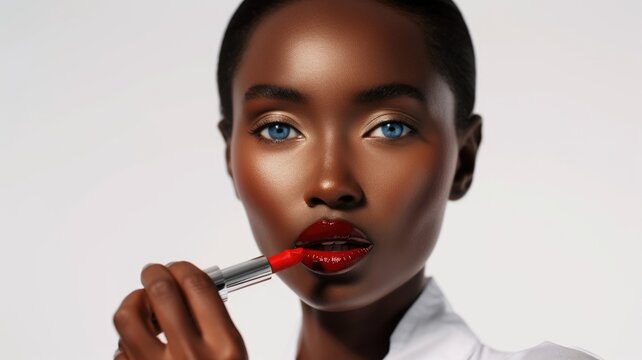 The picture of the red lips young beautiful african woman looking at the camera while holding the red lipstick near the mouth while wearing white shirt with white background for advertisement. AIGX01.