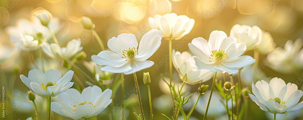 Sticker delicate fresh white flowers with gentle petals blooming in garden