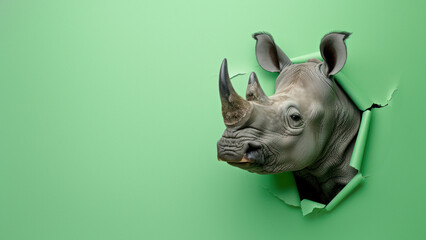 A curious baby rhinoceros is peeking through a ripped green paper, evoking a sense of surprise and discovery