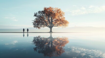 huge tree with human silhouette at a lake with stunning reflexions.  - obrazy, fototapety, plakaty