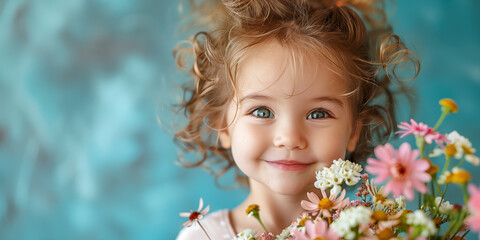 Little cute blond girl holding bouquet of flowers. Banner with copyspace. Shallow depth of field.