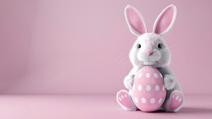 Fototapeta premium Funny Easter bunny holding a colorful egg on a pastel pink background