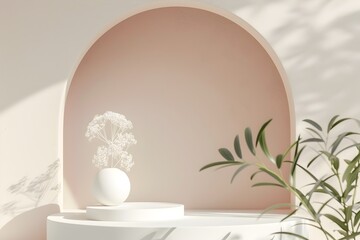 Minimalist 3D Rendering: White Pedestal with Pastel Floral Arches