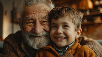 Laughing grandfather with his grandson as they play together indoors in the living room with the cute young boy hugging him from behind