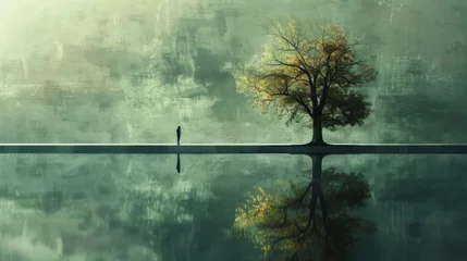 Poster huge tree with human silhouette at a lake with stunning reflexions.  © CreativeCreations