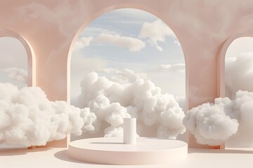 Minimalist Podium Surrounded by Dreamy Cloudlike Shapes in Soft Pastel Tones for Product Display