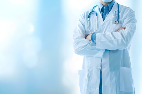 Medical Professional in White Coat: A Doctor's Portrait with Light Blue Background