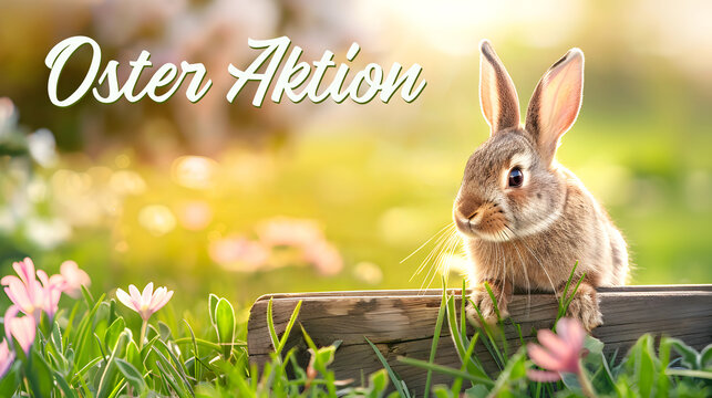 "Oster Aktion" text in German. Image of bunny sitting on a wooden banner with a spring meadow as background