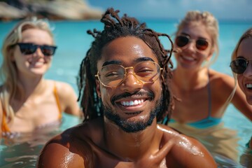 Obraz premium Embracing Diversity A Group of Young Adults of Various Ethnicities Reveling in a Summer Beach Day