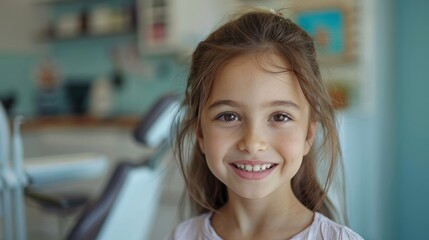 Smiling beautiful girl with healthy white teeth with dentist office on background - obrazy, fototapety, plakaty