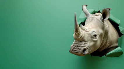 Rolgordijnen An artistic image featuring a rhino with its horn piercing through a green paper, depicting determination © Fxquadro