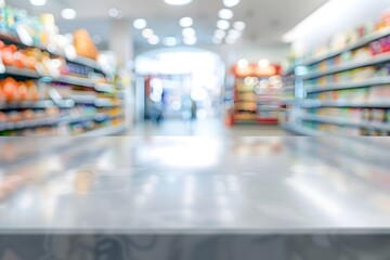 Modern Convenience Shop: Empty Table Top Display in Bright, Soft-Colored Supermarket Interior