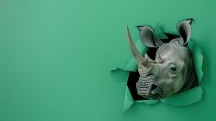 A digitally created image depicting a rhino seemingly breaking through a torn green paper backdrop, symbolizing breakthrough