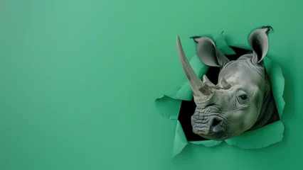 Fotobehang A digitally created image depicting a rhino seemingly breaking through a torn green paper backdrop, symbolizing breakthrough © Fxquadro